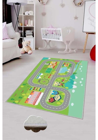 Pelangi Yeşil Araba Yollu Yıkanabilir Kaymaz Taban Leke Tutmazbebek Ve Çocuk Odası Halısı, Yeşil 120 X 160, 90135 Çok Renkli