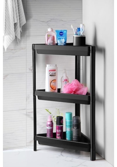 Mithra Life 3 Katlı Üçgen Plastik Siyah Banyo Mutfak Rafı Mıt1060 Siyah