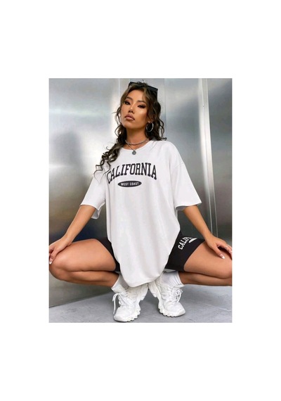 Caxis Kadın California West Coast Baskılı Beyaz Tshirt Siyah Tayt Takım