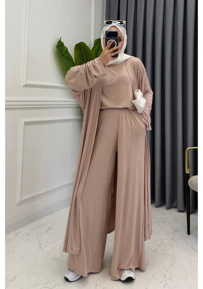 Balenbi Kadın Penye Uzun Hırka Bluz Geniş Paça Pantolon Abaya Takım 1217 Bej