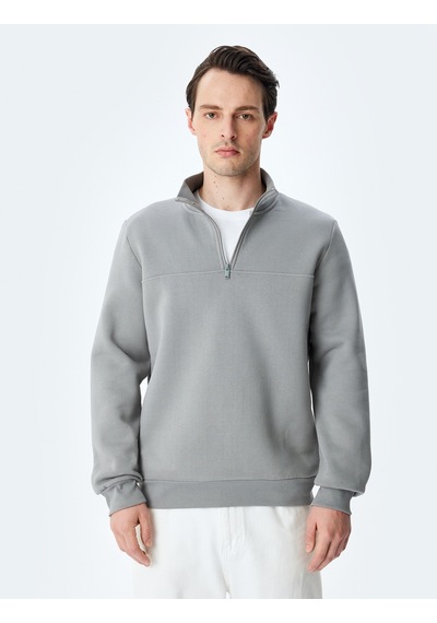 Koton Uzun Kollu Pamuk Karışımlı Basic Yarım Fermuarlı Sweatshirt Gri 5wam70255mk Gri