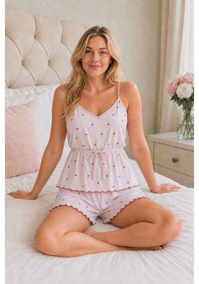 Norcia Sports Pembe Kalp Desenli Belden Bağlamalı Fırfır Şortlu Pijama Takımı 4656-pembe Çok Renkli - 929322396 Çok Renkli - 929322396 Çok Renkli