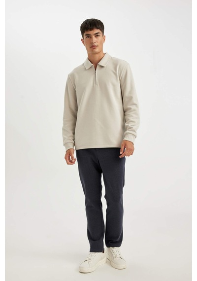 DeFacto Regular Fit Polo Yaka Yarım Fermuarlı Basic Düz Sweatshirt D2279AX24AUGR425 Gri