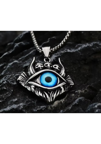 Paslanmaz Çelik Kurukafa Detaylı Evil Eye Mavi Göz Kolye