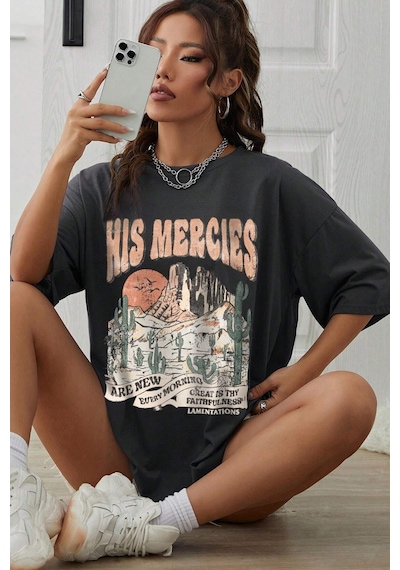 Unisex His Mercies Baskılı Oversize Tshirt Siyah