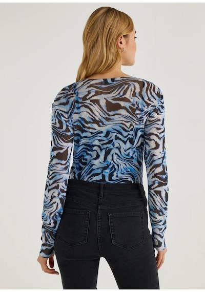 Lupinn Moda Kadın Desenli Transparan Tül Body Uzun Kollu Esnek İnce Fit Leopar & Zebra Desen - Yazlık Şık Üst Mavi