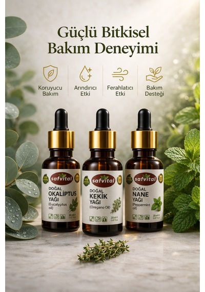 Safvital Okaliptus Yağı Kekik Yağı Nane Yağı Seti 3x20 Ml Aromaterapi Cilt Saç Bakım Çok Amaçlı Kullanım 60 ML