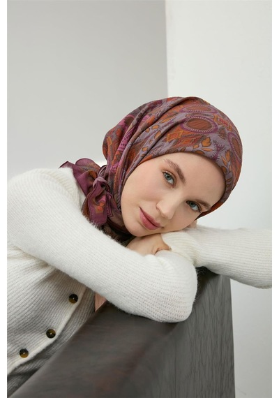 Silk Home Viskon Velora Eşarp Mürdüm Çok Renkli Desenli Tok Duruşlu 90x90