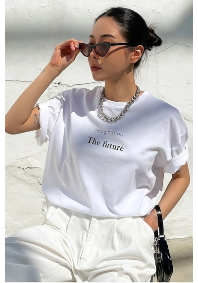 Uyguntarz Unisex The Future Baskılı Oversize T-shirt Beyaz