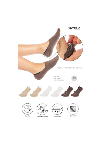 Saysez Bambu Kadın Babet Renkli Çorap Dikişsiz Görünmez Kaydırmaz Topuk Silikonlu Premium 6'lı Paket Renkli