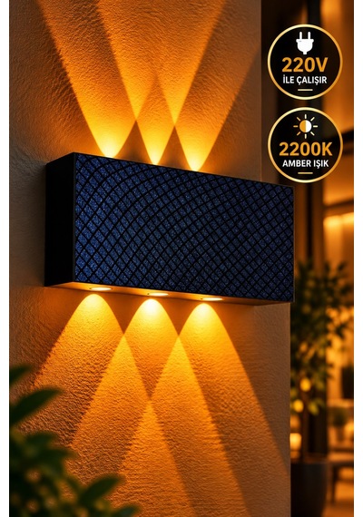 Siyah Mavi Desenli 12w 2200k Amber Işıklı 3 Gözlü Yukarı Aşağı Dekoratif Duvar Apliği 16 Cm Amber Işık