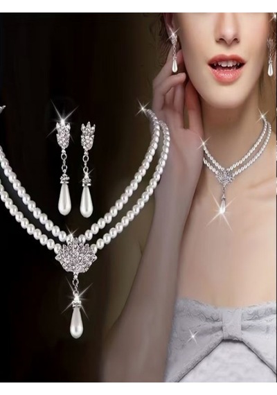 Altın Kaplama Taş İşlemeli Çift Sıralı İnci Takı Seti Gümüş