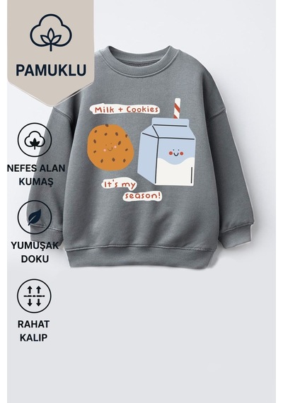Monila Kız Çocuk 3 İplik Kumaş Pamuklu Baskılı Sweatshirt Antrasit