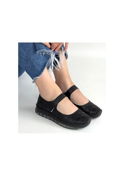 Look Shoes Herşeytrend Sina Siyah Hakiki Deri Cırt Cırtlı Babet Ayakkabı Siyah