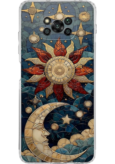 Printify Poco X3 Nfc İle Uyumlu Vitray Sol Ve Luna Tasarımlı Şeffaf Silikon Kılıf Şeffaf