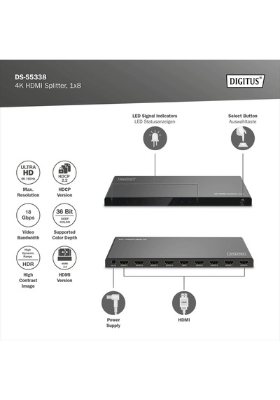 Digitus 1x8 Hdmı Splitter Ayırıcı, 4k/60hz Hdcp 2.3, Edıd Kontrolü