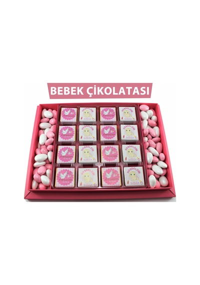 Dark Brown Hoşgeldin Bebek Çikolatası 48 Madlen ve Badem Drajeli Kız Bebek Doğum Hediyesi