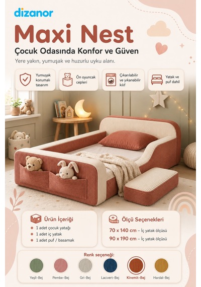 Dizanor Maxi Nest Tek Kısa Yan Kenarlı Montessori Yatak Seti - Kiremit Fitilli