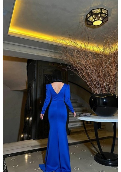 DefyModa Kadın V Yaka Taş Detaylı Uzun Kollu Abiye Elbise Saks