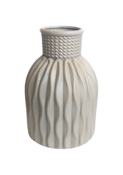 Kendinden Desenli Dar Ağızlı Plastik Vazo - Çok Amaçlı Kalemlik Fırçalık Vazo 12,5 X 8,5 Cm Krem