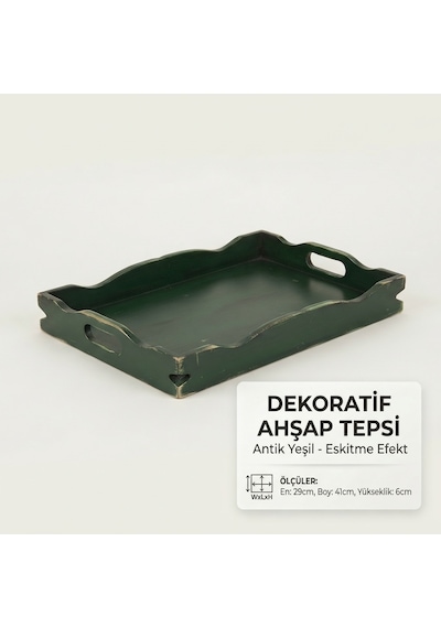 El Boyaması Eskitme Ahşap Dekoratif Tepsi - Antik Yeşil Kahve Sunum Tepsisi 29x41x6 Cm Koyu Yeşil