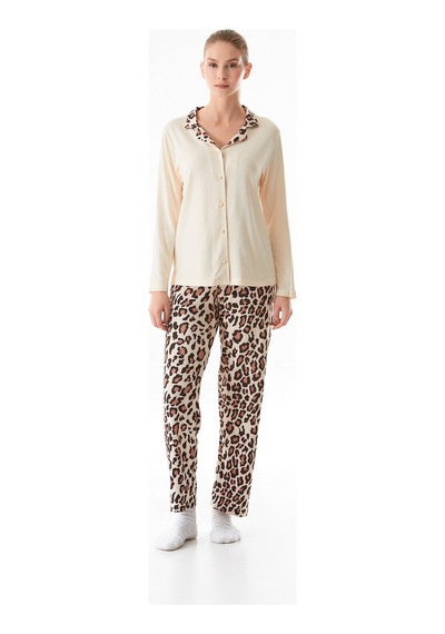 Fullamoda Leopar Desenli Gömlek Yaka 2 Li Pijama Takımı 24mıcg631216532-bej Bej