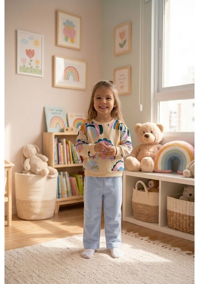 Ahengim Kız Çocuk Gökkuşağı Desenli Sweatshirt 2 Li Alt Üst Takım Ak15636 Mavi