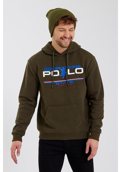 Polostate Erkek Kapüşonlu Baskılı 3 İplik Sweatshirt Haki