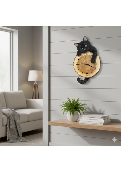 Cajuart Kütük Üzerinden Bakan Siyah Kedi Tasarımlı Duvar Saati Modern Dekoratif Saat Kahverengi