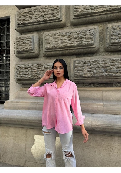 WeShaya Pembe Oversize Kırışık %100 Polyester Gömlek Pembe