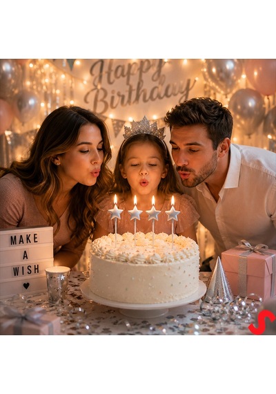 Çubuklu Metalik Gümüş Yıldız Mum - 14 Cm X 4 Adet