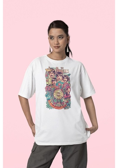 Lonely Hearts The Beatles Baskılı Unisex Oversize Tişört Beyaz
