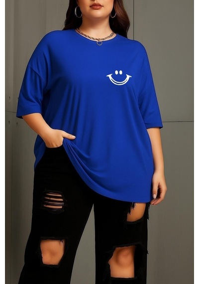 Büyük Beden Gülücük Baskılı Unisex Tişört Saks Mavisi