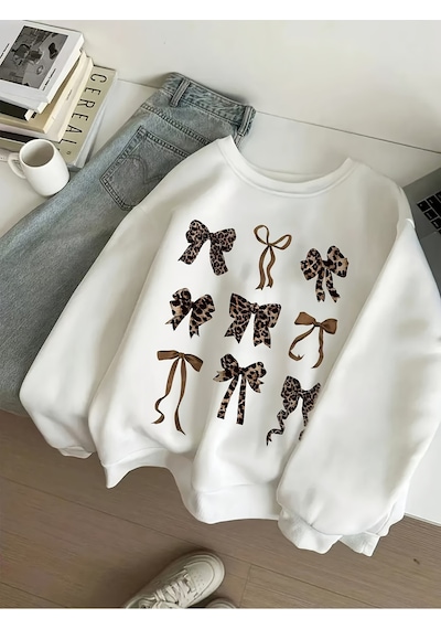 Uyguntarz Unisex Leopar Desenli Kurdele Baskılı Oversize Sweatshirt beyaz