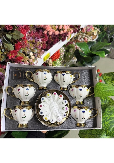 6 Kişilik Gold Çiçek Desenli Fincan Takımı-buenos 6'lı Gold Çiçekli Fincan Seti Çok Renkli
