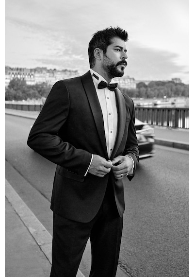 AC&Co / Altınyıldız Classics Slim Fit Dar Kesim Şal Yaka Armürlü Siyah Smokin Takım 001
