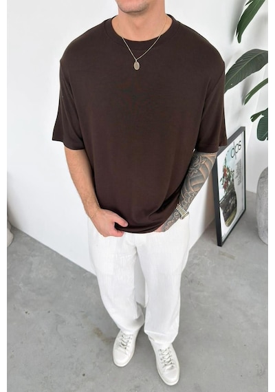 Kahverengi Basic Soft Likralı Relaxed Triko Tişört