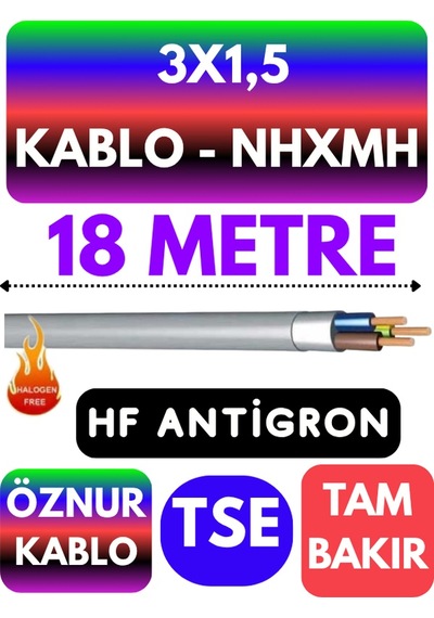 Öznur 3x1,5 Nhxmh Alev İletmez Kablo Metre Seçenekli Gri - 18 Metre