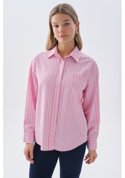 Mudo Kadın Kadın Pembe Çizgili Oversize Tek Cepli Uzun Kollu Gömlek 1265904
