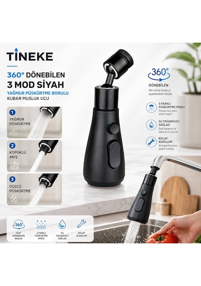Tineke 360 Derece Dönebilen- 3 Mod Siyah Yağmur Püskürtme Borulu Kubar Musluk Ucu