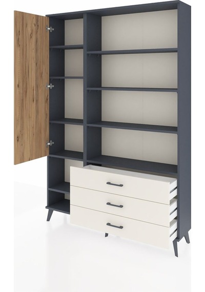 Arges Dolap 9 Raflı 3 Çekmeceli Tek Kapaklı 132x30x195 Antra... Antrasit