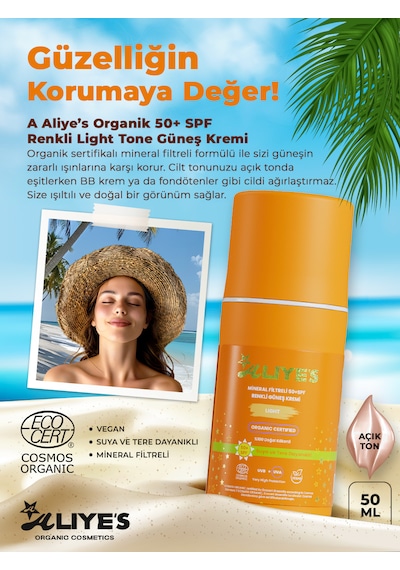 A Aliye's Mineral Filtreli Spf 50+ Renkli Organik Güneş Kremi Açık Ton 50 ML