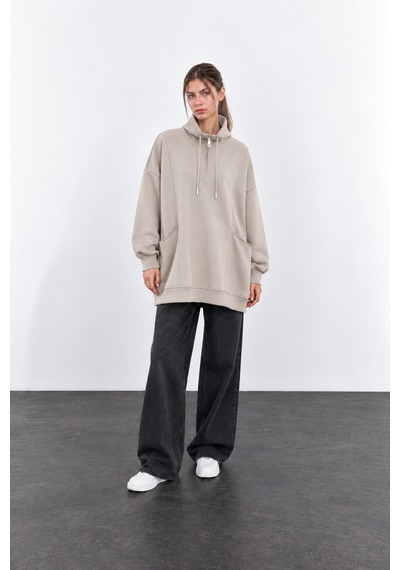 Mitodo Oversize Dik Yaka Fermuarlı Cepli Premium Modal Düşük Kol Kadın Sweatshirt Tunik Bej