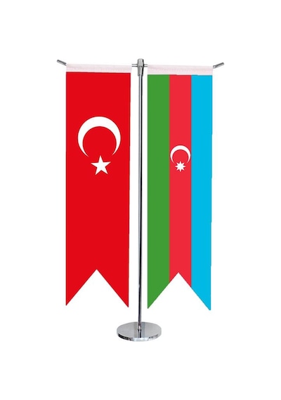 Masa Üstü Kırlangıç Azerbaycan + Türk Bayrağı + Krom T Direk Masa