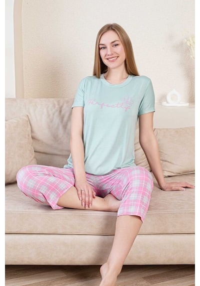 Monox Kadın Perfectly Baskılı Bermuda Kısa Kol Pijama Takımı Yeşil