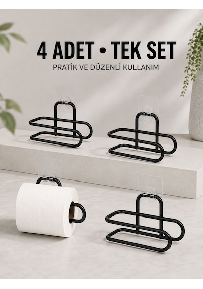 Duvara Yapışkanlı Wc Kağıtlık Siyah Metal 4 Adet Tuvalet Kağıdı Rulo Askısı Taba