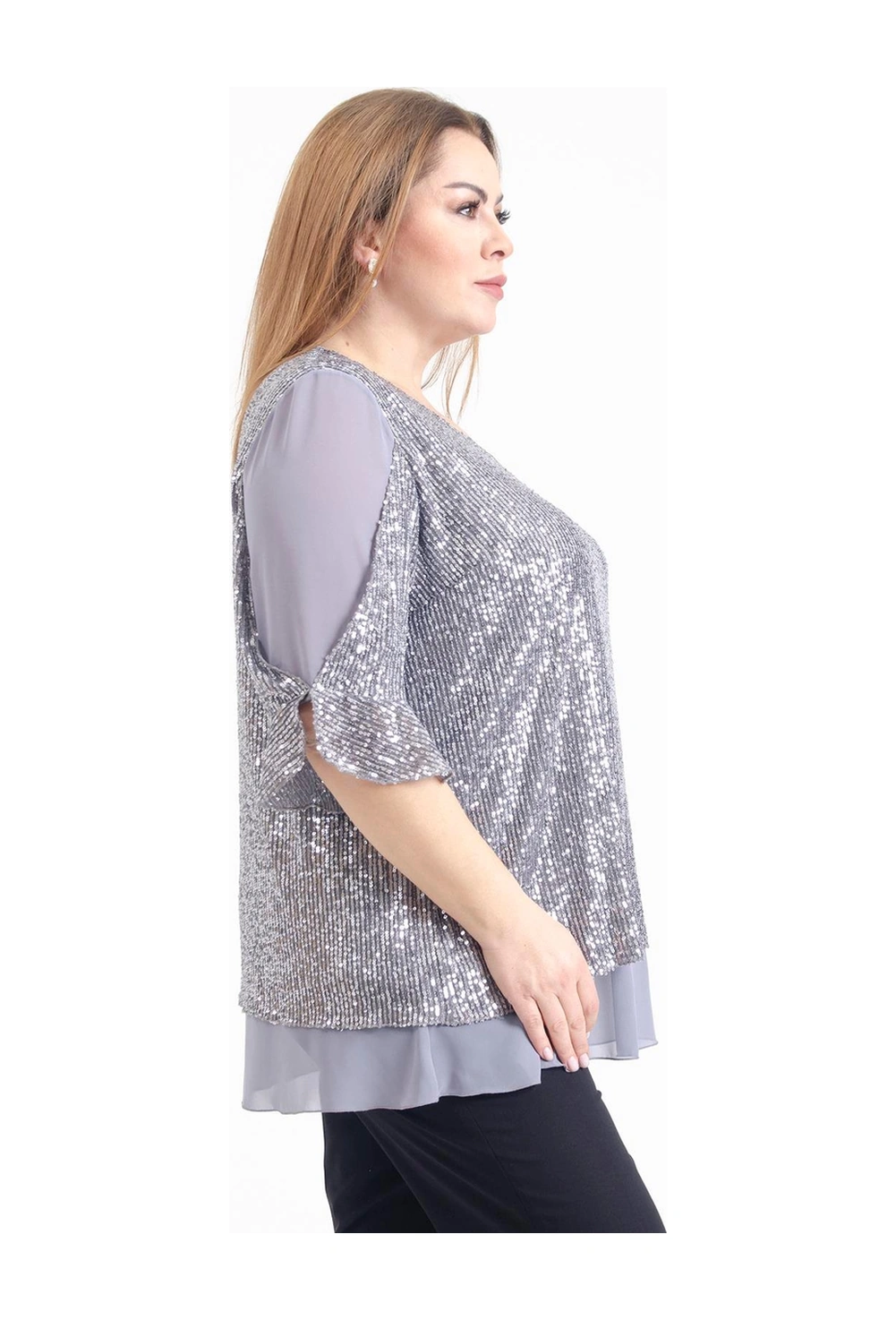 Lilas Xxl Büyük Beden Gri Renkli Pul Payetli Şifon Bluz Gri