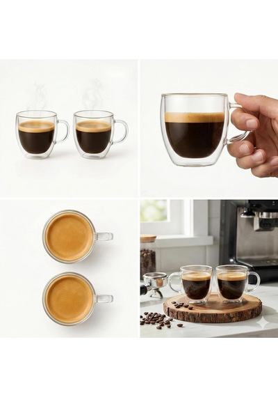Çift Cidarlı 2 Li Kulplu Espresso Fincan Seti 80 Ml Şeffaf Espresso Kahve Kupaları, Shot Bardak