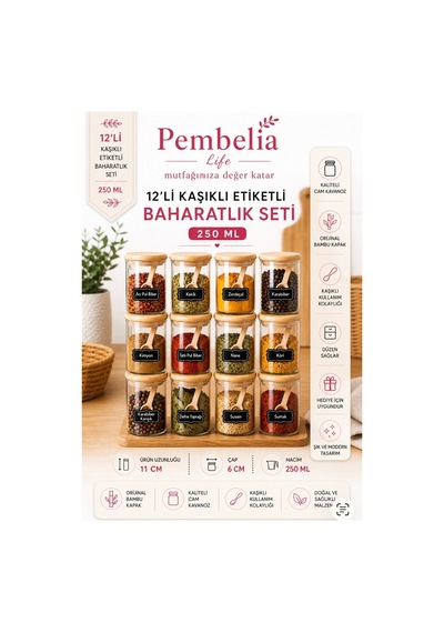 12'li Etiketli Kaşıklı Bambu Kapaklı 250 Ml Kavanoz Baharatlık Ve 12 Adet Mini Baharat Kaşığı 24 Parça Baharat Seti Diğer