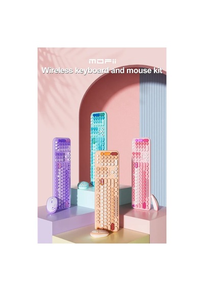 Mofıı Lovely Kablosuz Klavye Mouse Seti 2.4g Sevimli Yuvarlak Tuşlu 104 Tuş Renkli Set Optik